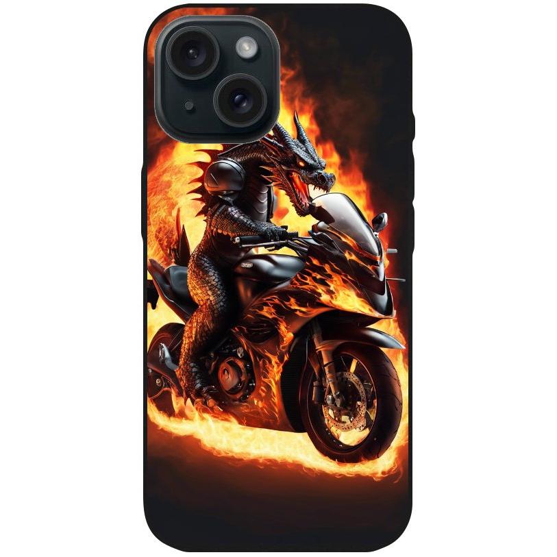 Handyhülle iPhone 15 - Silikonhülle schwarz mit Motiv 24 Drache auf Motorrad - personalisierbar