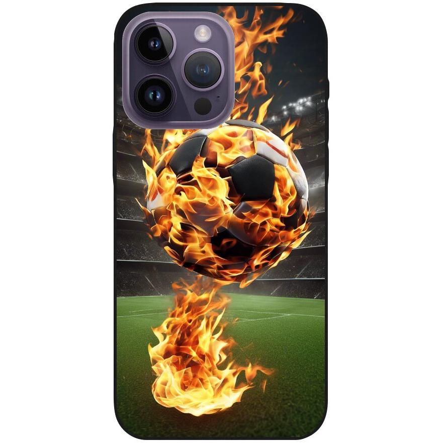 Hülle iPhone 14 Pro Max - Silikonhülle schwarz mit Motiv 38 Fußball in Flammen - personalisierbar