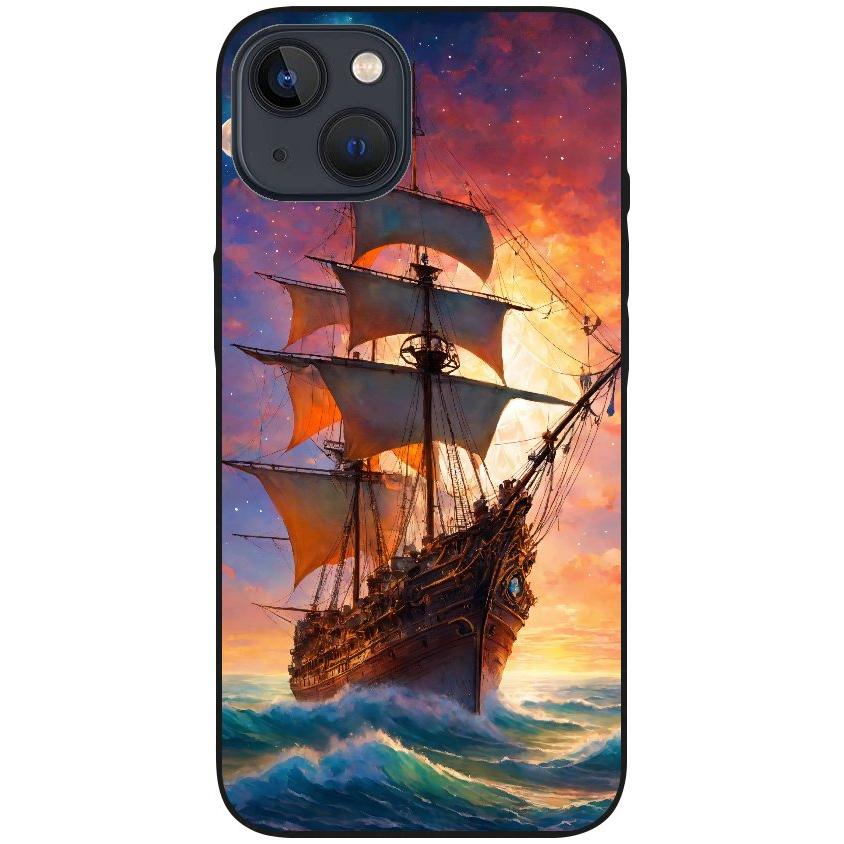 Hülle iPhone 13 - Silikonhülle schwarz mit Motiv 43 Segelschiff - personalisierbar