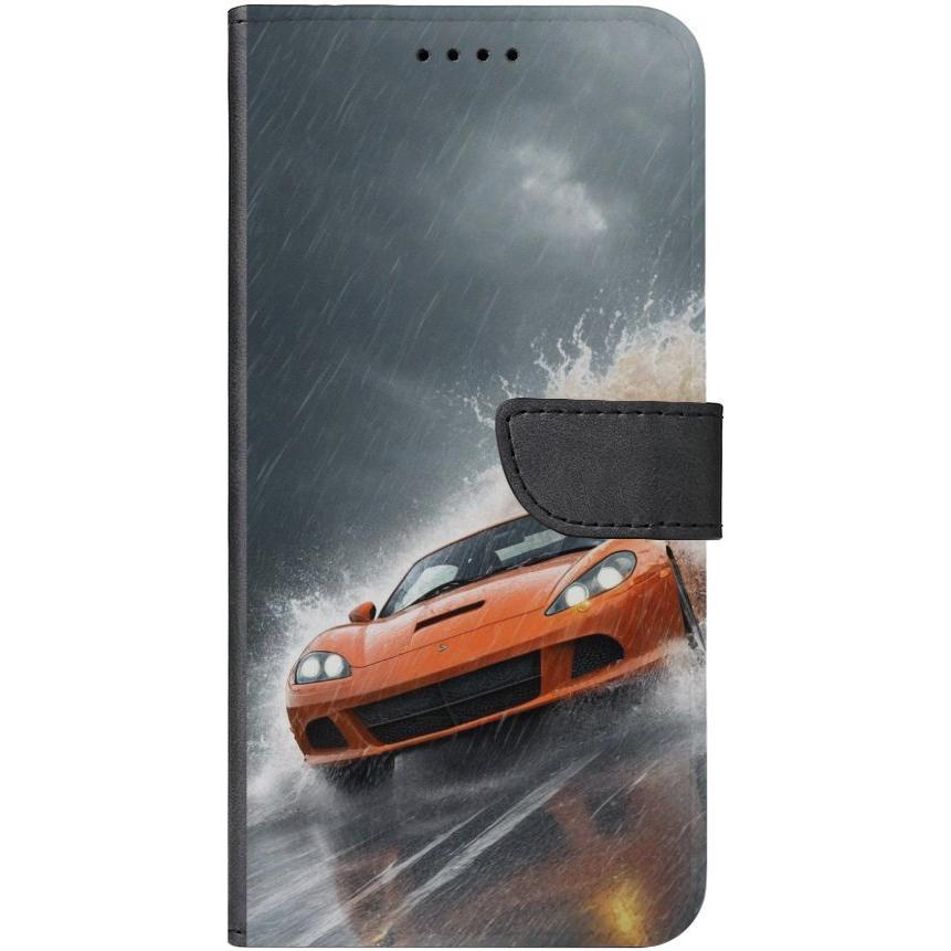 iPhone 13 Handyhülle aus Kunstleder mit Lasche Motiv 4 oranger Sportwagen - personalisierbar