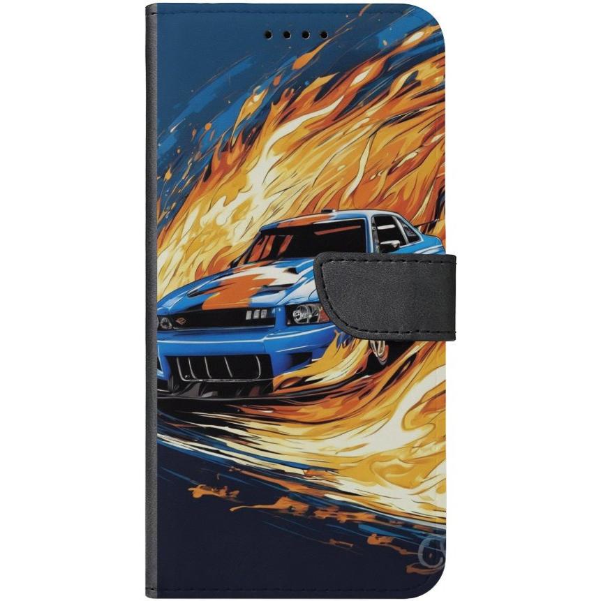 iPhone 14 Handyhülle aus Kunstleder mit Lasche 15 blaues Auto in Flammen - personalisierbar