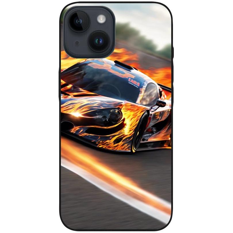 Hülle iPhone 14 - Silikonhülle schwarz mit Motiv 13 Sportwagen in Flammen - personalisierbar
