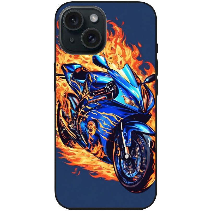 Handyhülle iPhone 15 - Silikonhülle schwarz mit Motiv 2 Motorrad in Flammen - personalisierbar