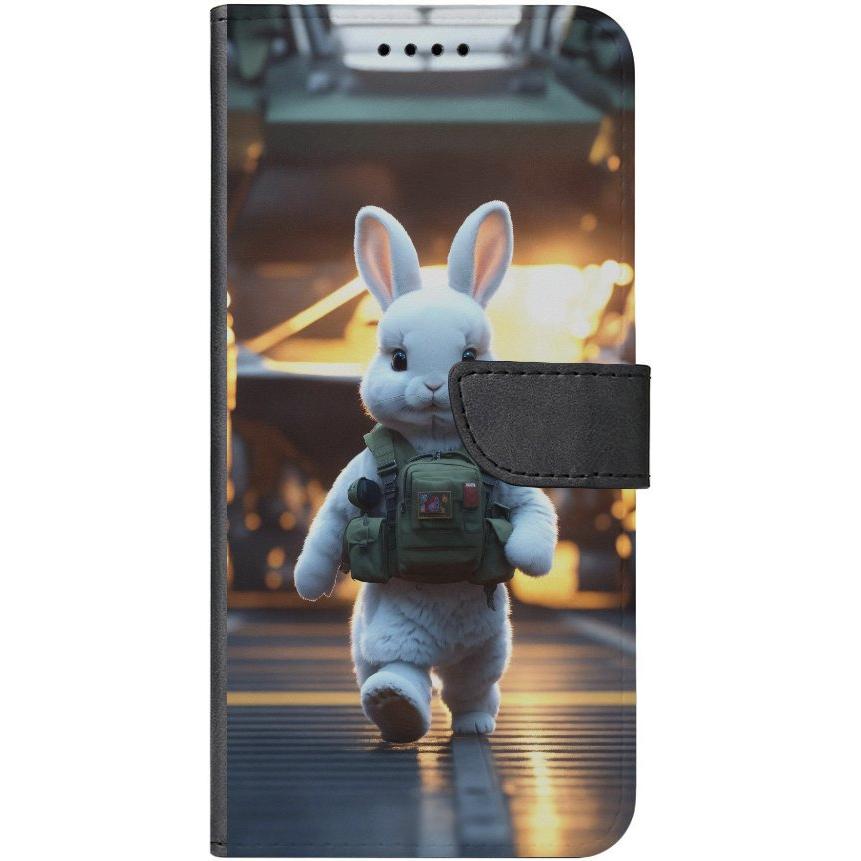 iPhone 15 Pro Max Handyhülle aus Kunstleder mit Lasche Motiv 18 weißer animierter Hase - personalisierbar