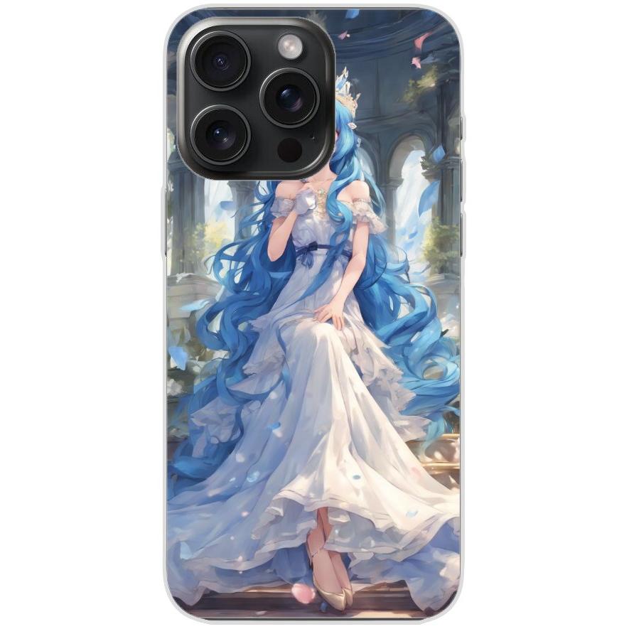 Handyhülle iPhone 15 Pro Max aus transparentem Silikon mit Motiv 34 Anime blaue lange Haare - personalisierbar