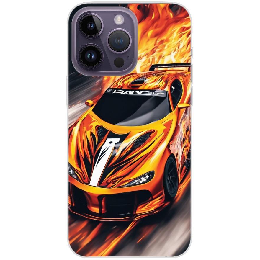 Handyhülle iPhone 14 Pro Max aus transparentem Silikon 47 Sportwagen in Flammen - personalisierbar