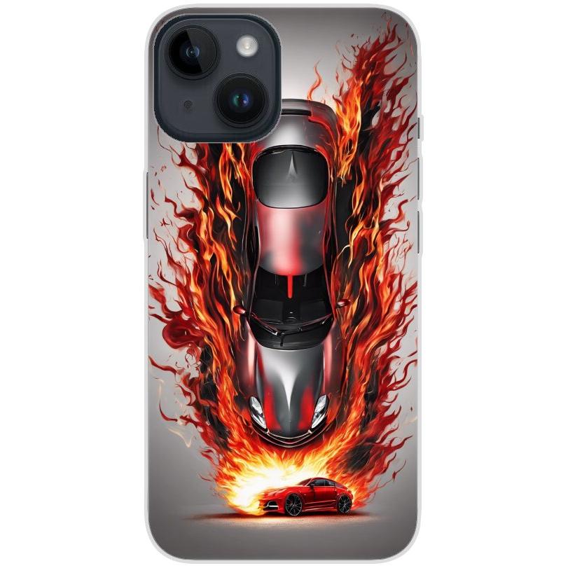 Handyhülle iPhone 14 aus transparentem Silikon mit Motiv 27 Auto animiert in Flammen - personalisierbar
