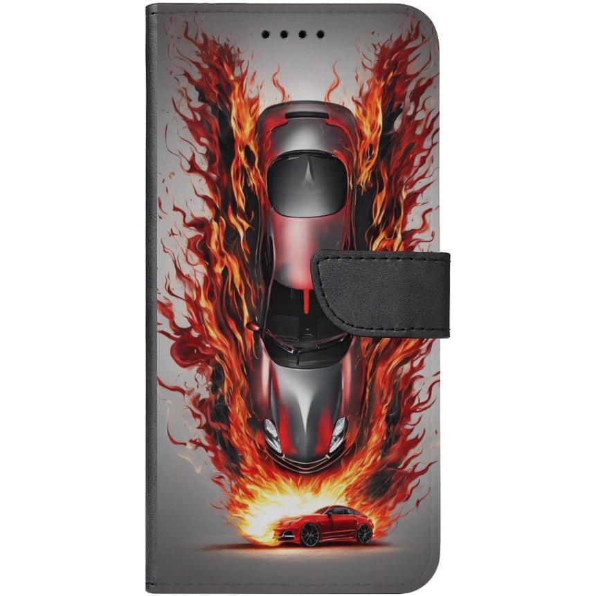 iPhone 15 Pro Max Handyhülle aus Kunstleder mit Lasche Motiv 27 Auto animiert in Flammen - personalisierbar