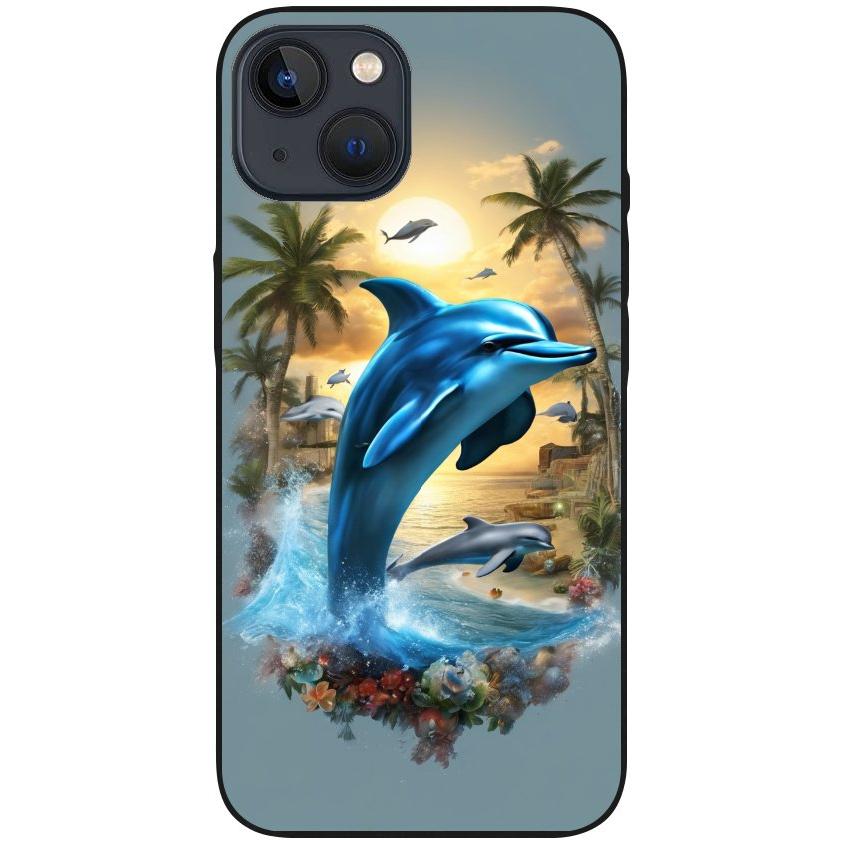 Hülle iPhone 13 - Silikonhülle schwarz mit Motiv 41 Delfin und Palmen - personalisierbar