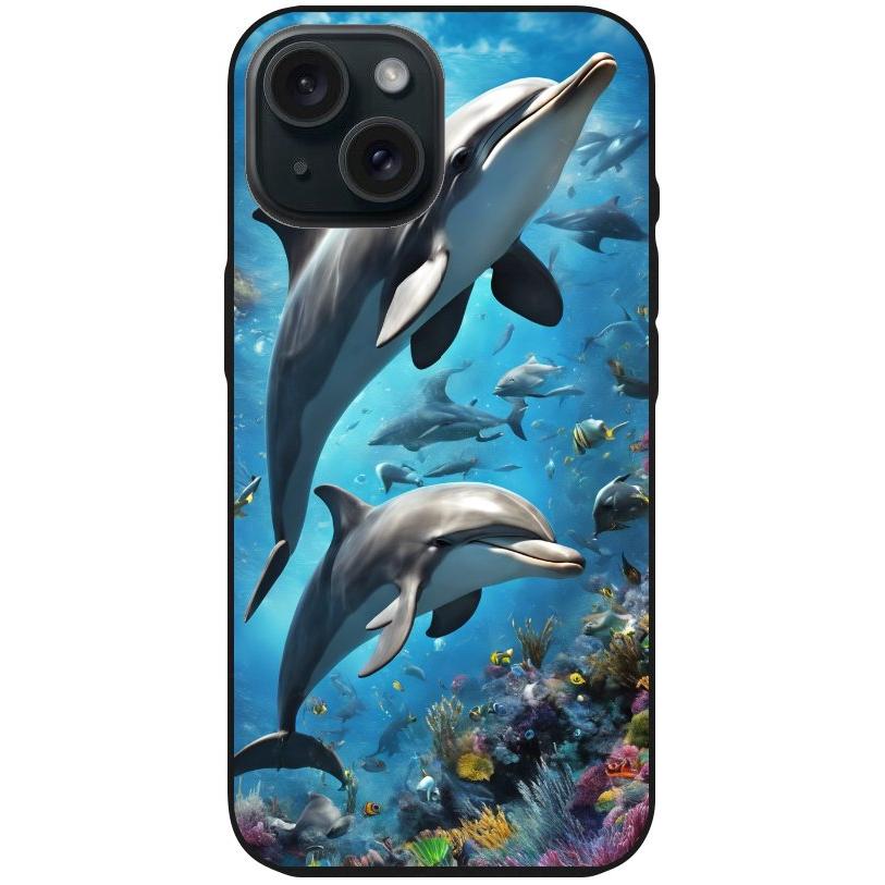 Handyhülle iPhone 15 - Silikonhülle schwarz mit Motiv 40 Delfine - personalisierbar
