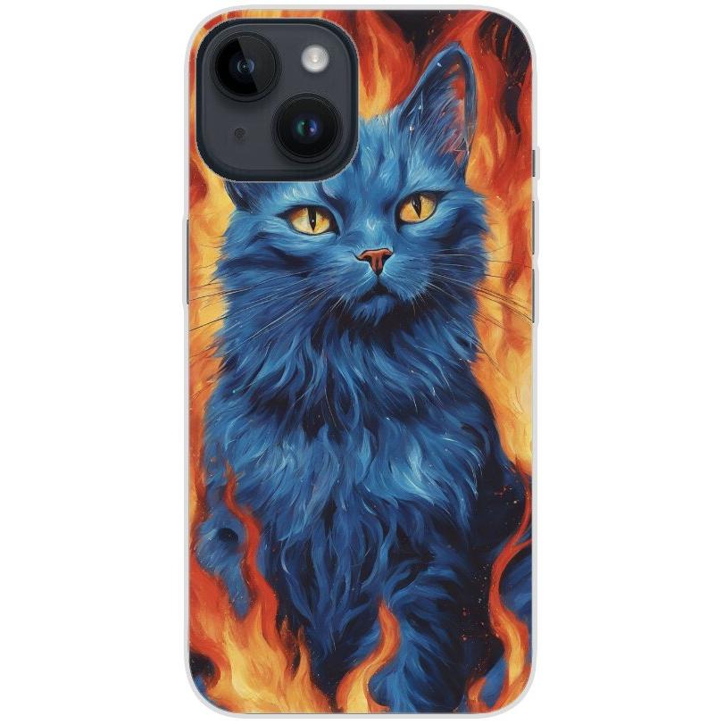 Handyhülle iPhone 14 aus transparentem Silikon mit Motiv 7 blaue Katze in Flammen - personalisierbar