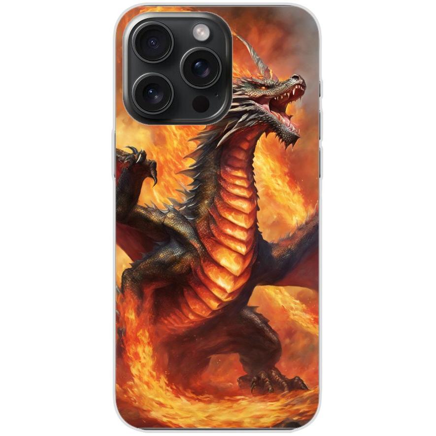Handyhülle iPhone 15 Pro Max aus transparentem Silikon mit Motiv 12 Drache in Flammen - personalisierbar