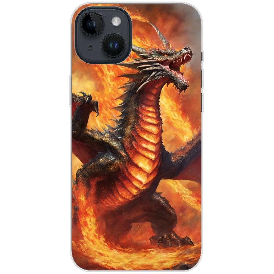 Handyhülle iPhone 14 Plus aus transparentem Silikon mit Motiv 12 Drache in Flammen - personalisierbar